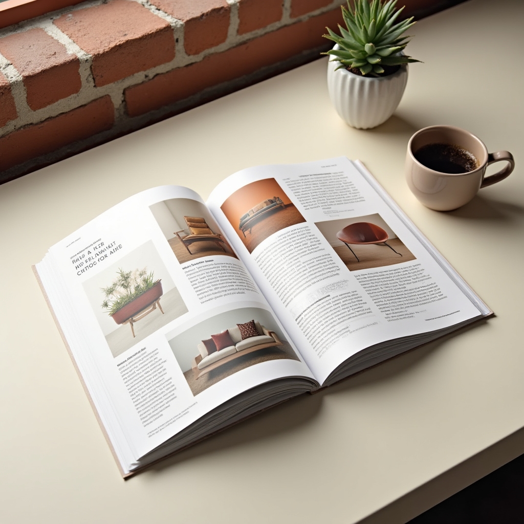 Layout di catalogo aziendale con fotografie di prodotto e impaginazione editoriale raffinata