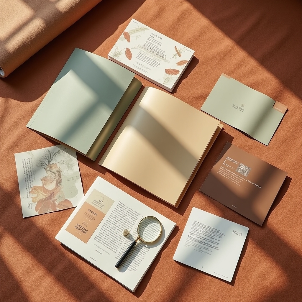 Stampe di alta qualità su carta pregiata disposte su superficie in legno, dettaglio copertine di libri illustrate