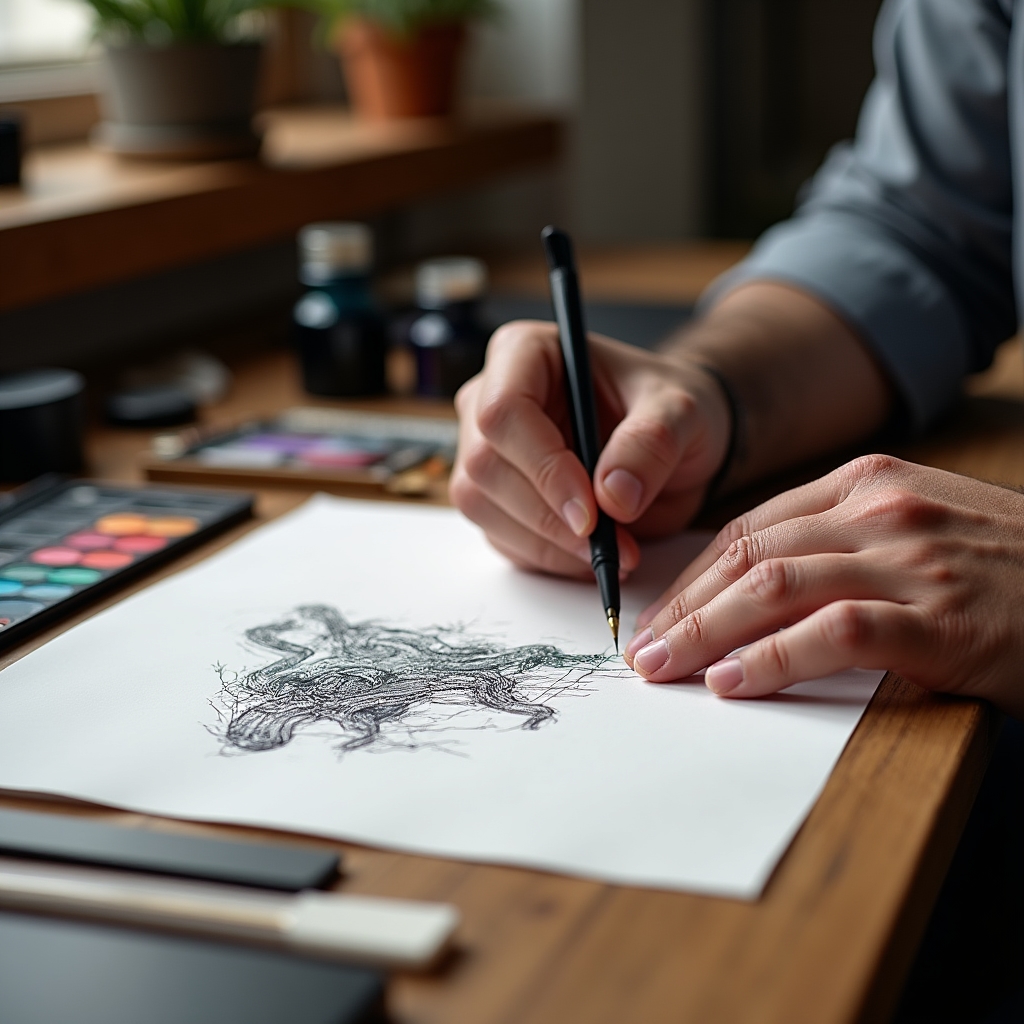 Illustratore al lavoro su tavola da disegno con strumenti analogici e digitali affiancati
