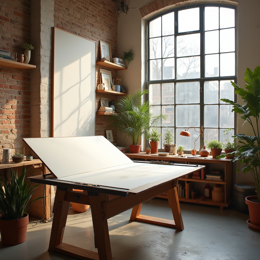 Angolo di studio creativo con tavolo da disegno, libri impilati, piante e luce naturale che filtra da finestra ampia